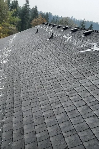 Clear, moss free asphalt composite shingles after a preventative soft wash treatment on a home in the Canyon Creek area