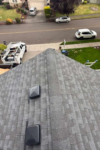 Clear, moss free asphalt composite shingles after a preventative soft wash treatment on a home near Clackamas Heights