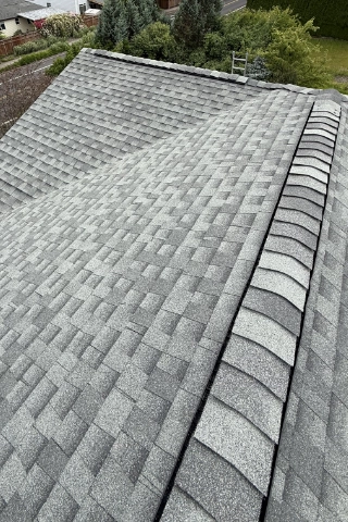 Precision residential roof leak repair and chimney flashing reinforcement completed by a roofer wearing a safety harness and line in the Rock Creek area