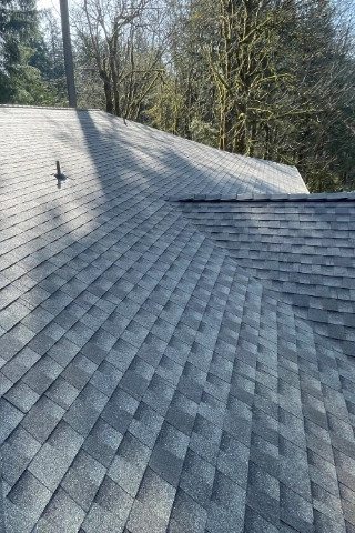 High performance GAF Timberline HDZ shingle upgrade on a finished roof line near the Clackamas Town Center district