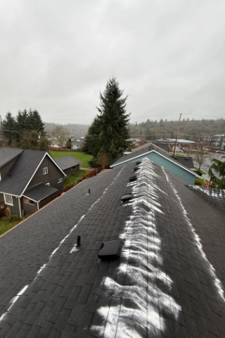 Professional roof cleaning and gentle soft wash moss removal treatment on a home near the dense tree canopies of Gresham Butte