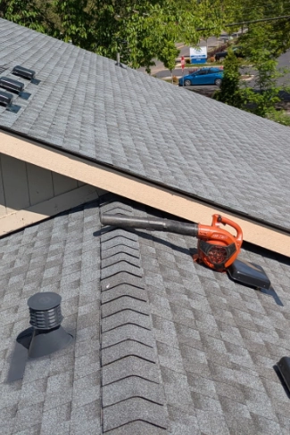 Professional roof cleaning and gentle soft wash moss removal treatment on a home near the dense tree canopies of Rock Creek.