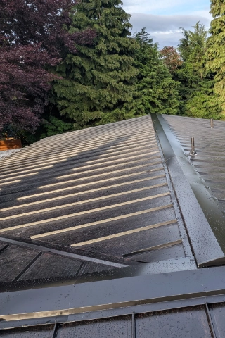 Standing seam metal roofing engineered to withstand high wind velocity and seasonal moisture on a Bull Mountain estate