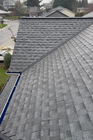 Completed multi layered architectural shingle roof replacement on a modern residential home in the Villebois neighborhood